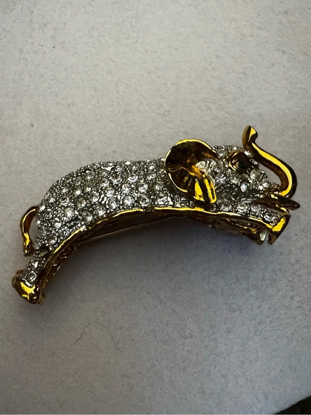 1980s Gold-Tone Large Elephant over the Shoulder Brooch with Clear Crystals